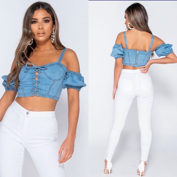 Parisian Denim Corset Cold Shoulder Bustier top - Picture 8 of 17